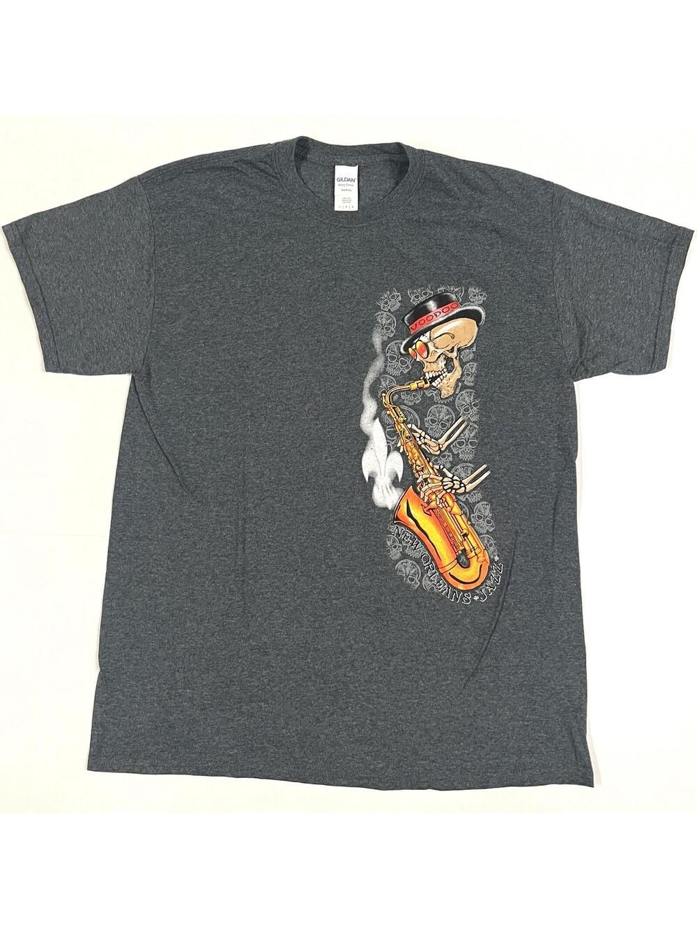 New Orleans Jazz T Shirt Skull Voodoo Saxophone Sz L Gray Gildan
